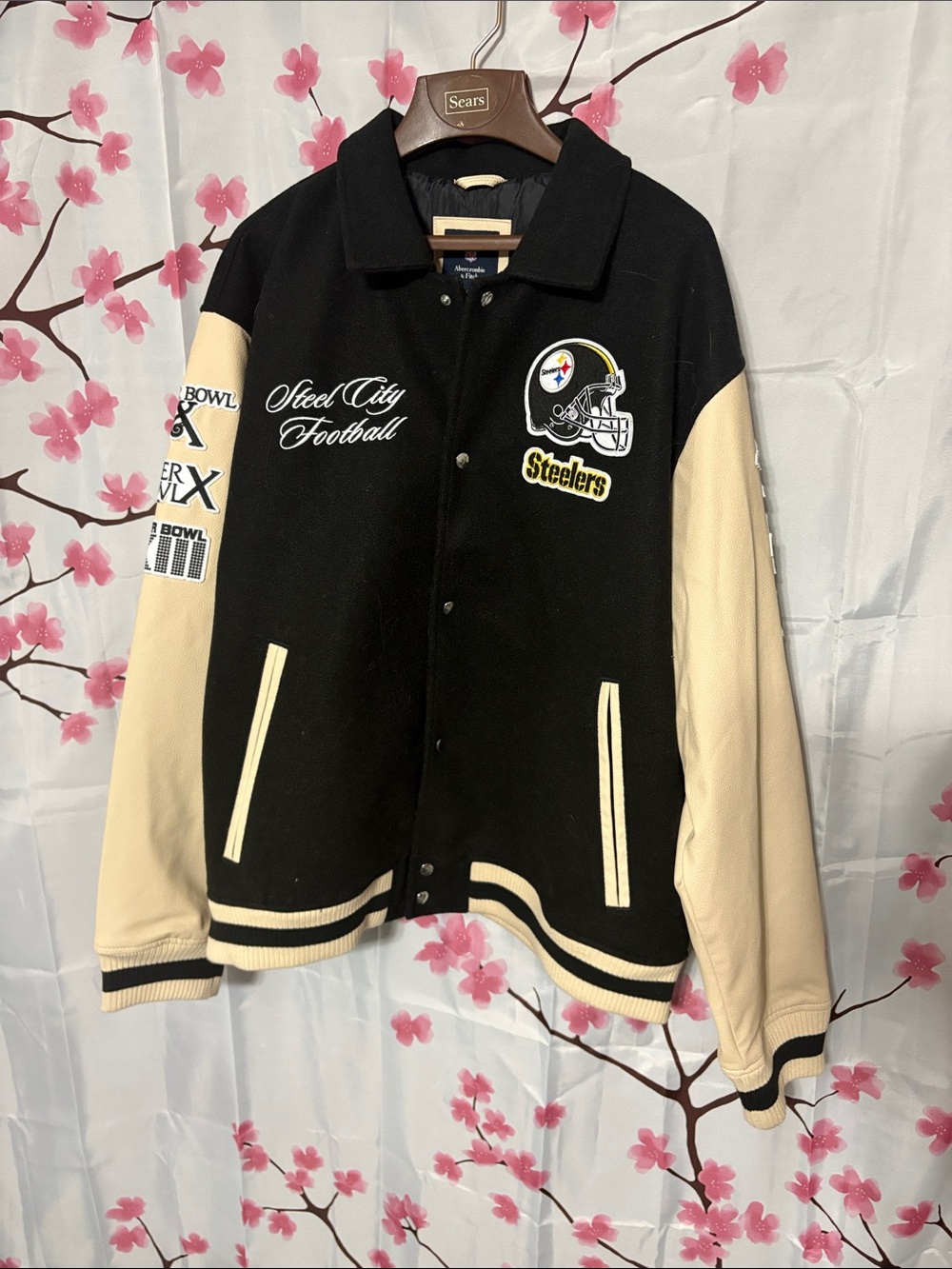 Abercrombie & Fitch Black and Cream Pittsburgh Steelers Varsity Jacket